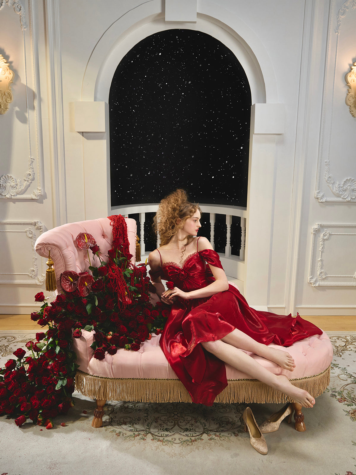 French style one-shoulder waist fishbone dress red evening dress homecoming dress R5153