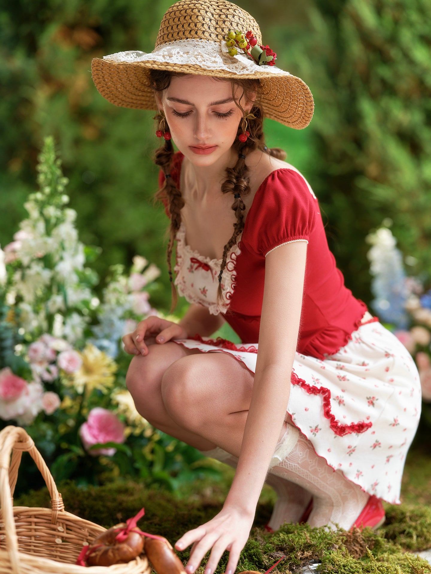 French style age-reducing college petite red short-sleeved top polka dot skirt suit homecoming dress R5142