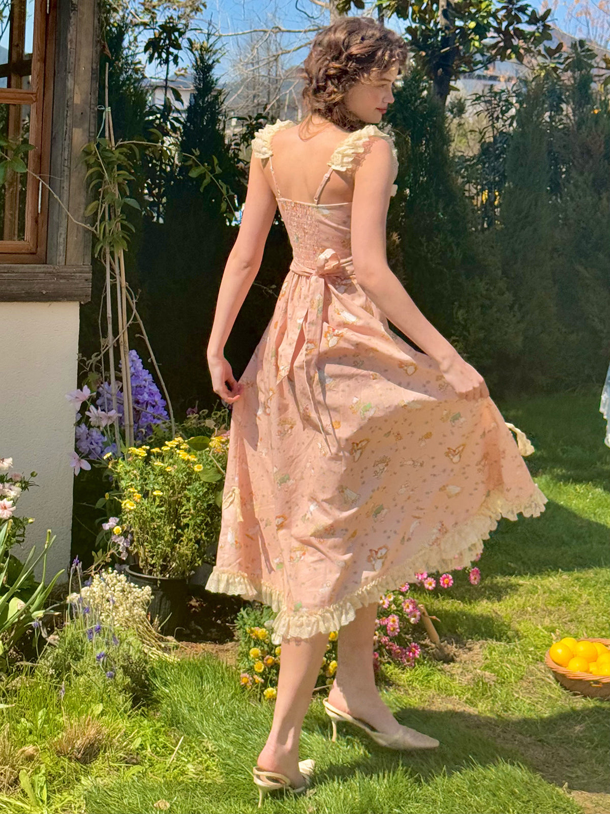 French Retro Pastoral Oil Painting Long Strap Printed Lace Dress Homecoming Dress R5151