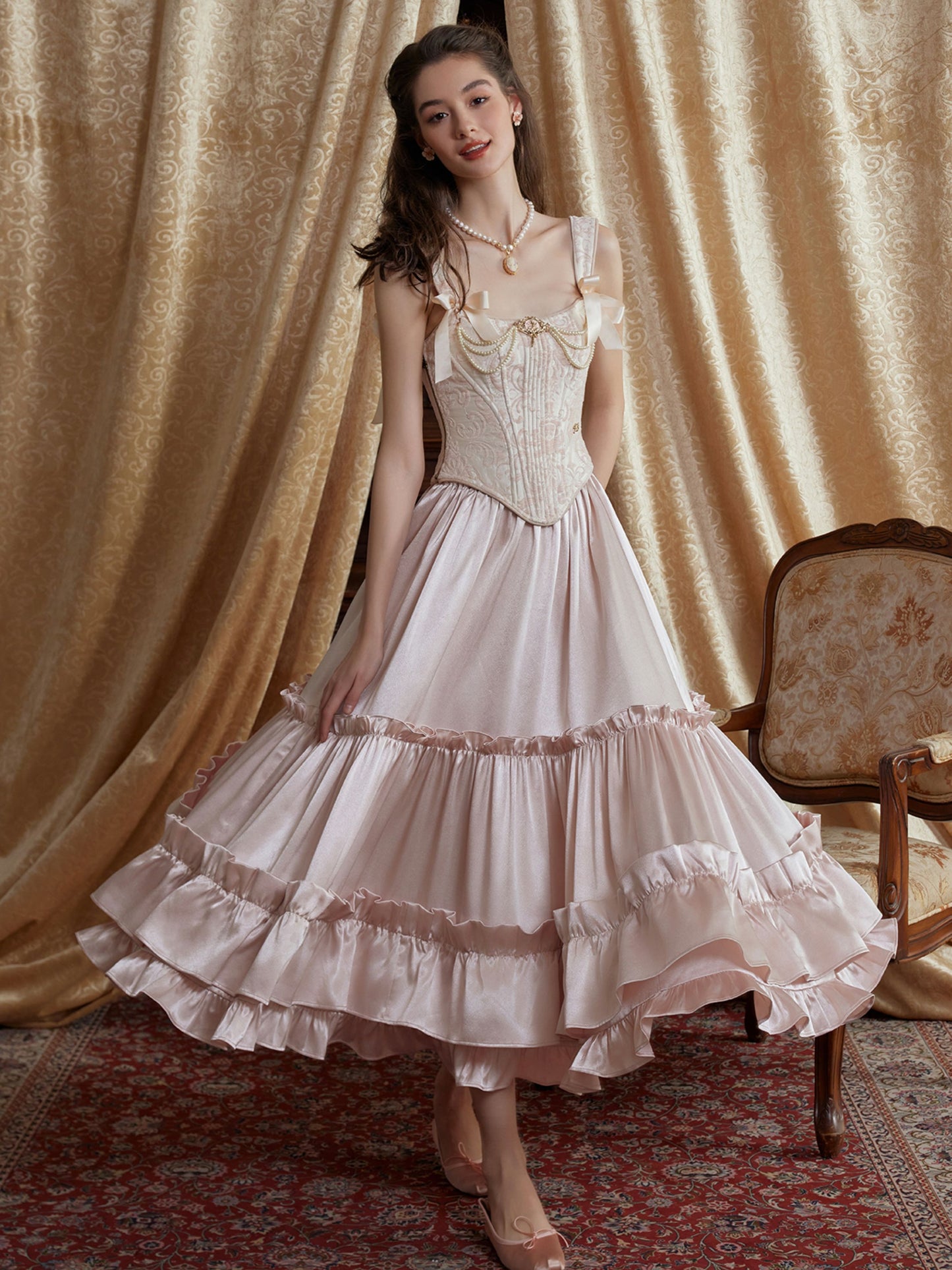 French ruffled satin pink long skirt homecoming dress R5154