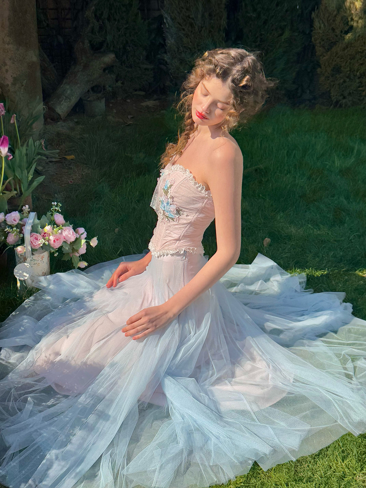 French sweet light spring pink blue tube top fishbone bra mesh skirt suit homecoming dress R5146