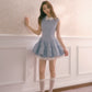 Blue shirt collar vest dress with multi-layered puffy patchwork waist sleeveless dress R5174