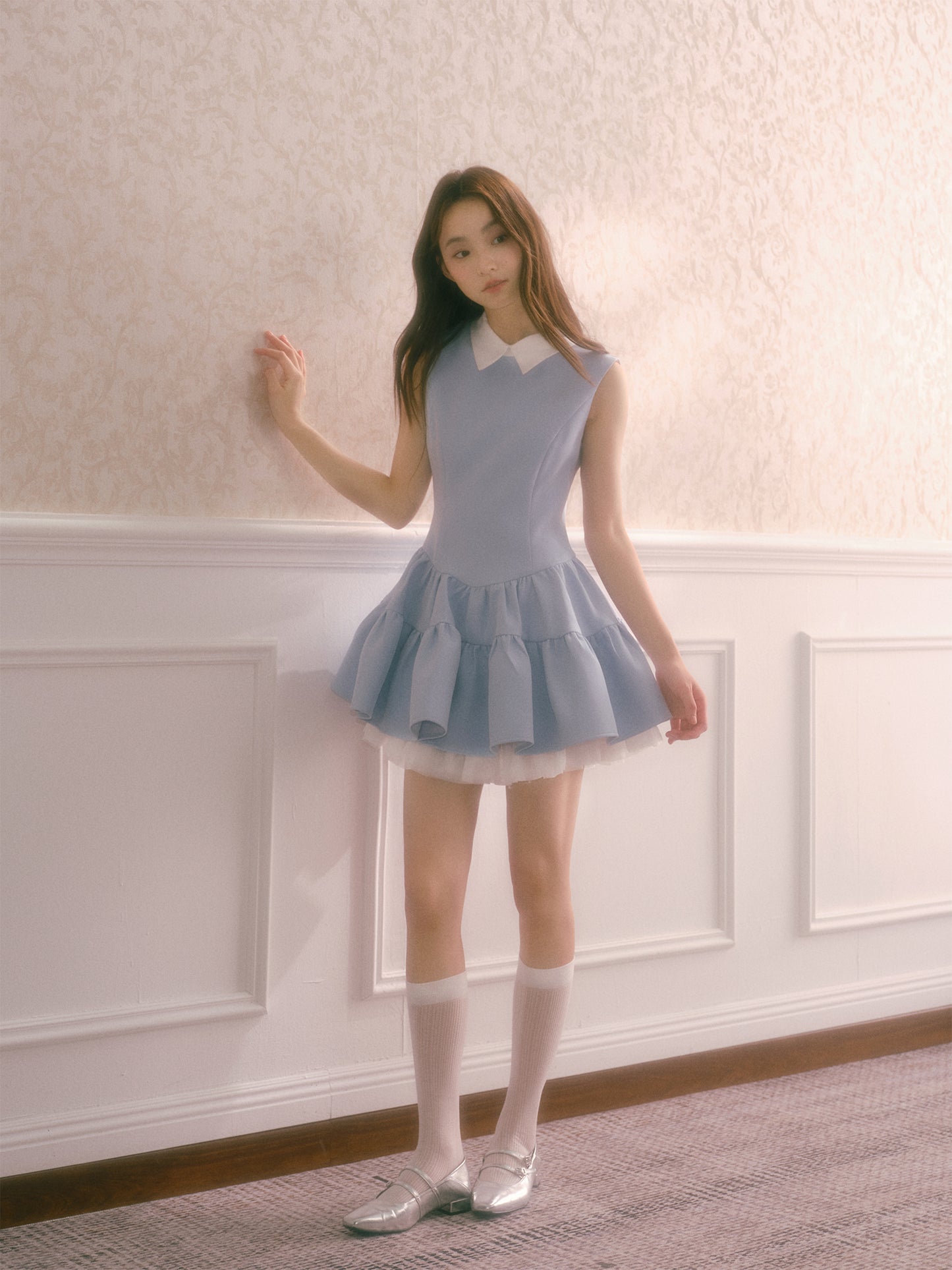 Blue shirt collar vest dress with multi-layered puffy patchwork waist sleeveless dress R5174