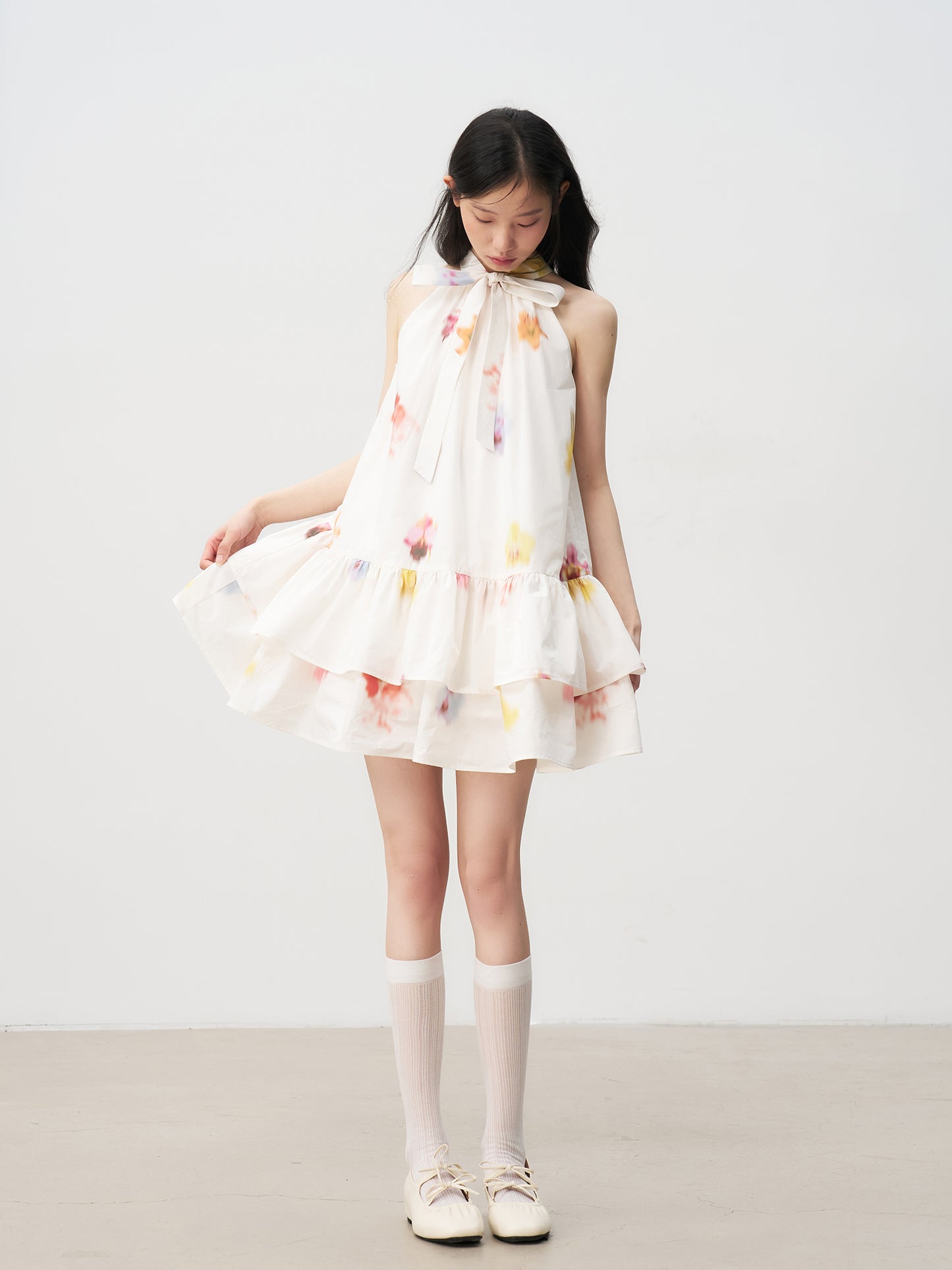Sleeveless Floral Bow Tie Halter Dress with Ruffled Hem Tutu Skirt R5169