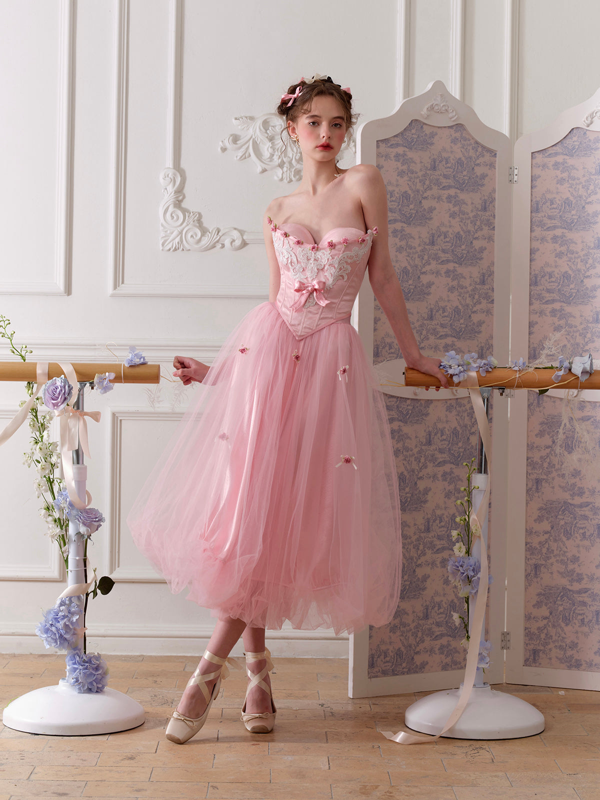 French Sweet Ballet Style Pink Fishbone Corset Mesh Skirt Set Homecoming Dress R5166