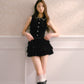 Black velvet shimmering qianjin style cake-style lace waist belt puffy dress R5175