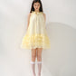 Bright yellow lace-up sleeveless dress, loose multi-layered ruffled cake skirt R5170
