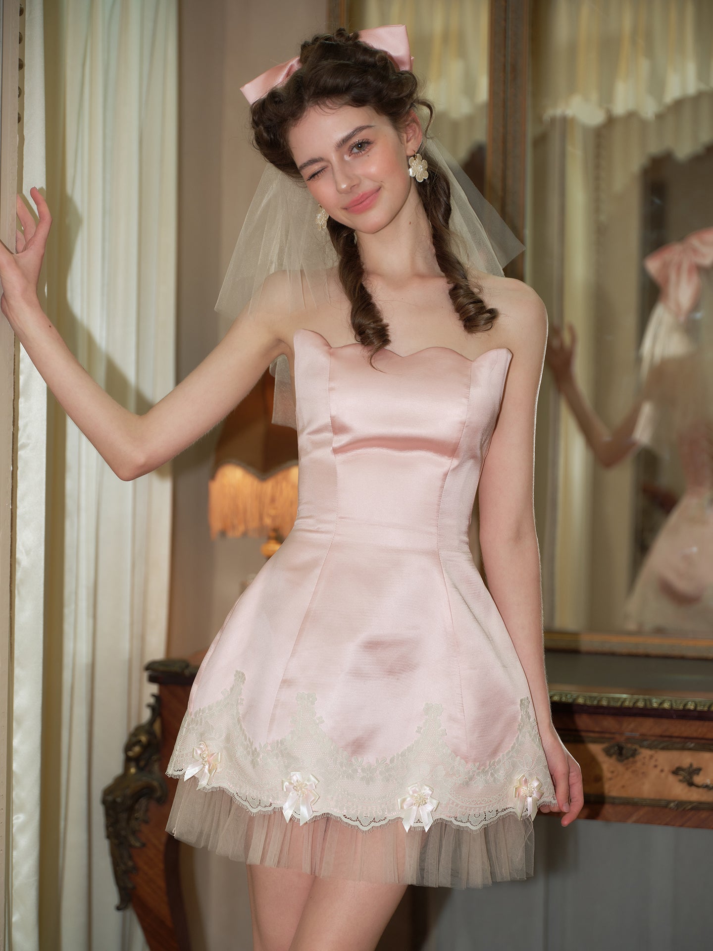 Super sweet pink dress French satin dress short homecoming dress R5138
