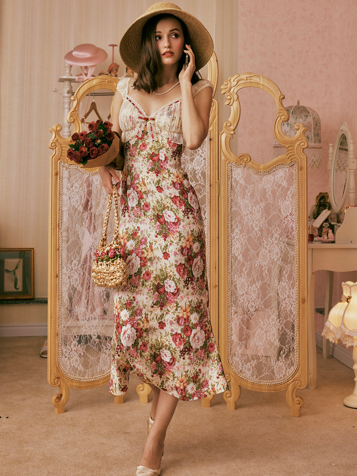 French retro romantic full print peony dress printed dress homecoming dress R5139