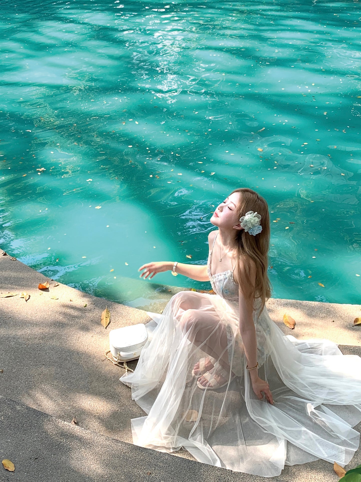 Mint green mesh dress fairy holiday lace summer suspender long dress new style R3873