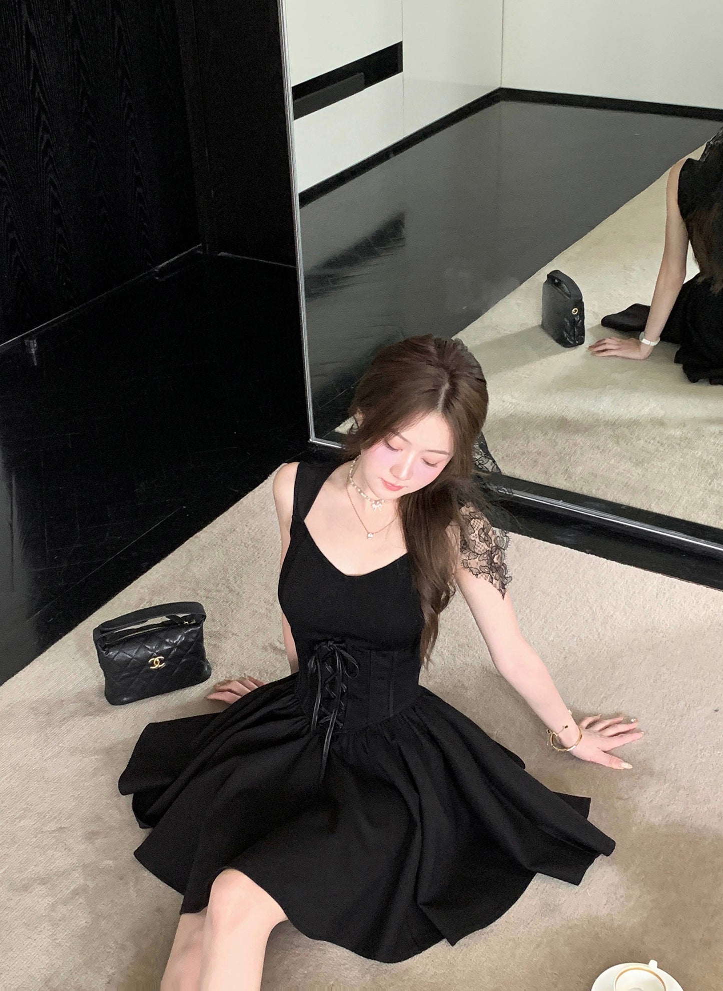 French style black vest dress summer high-end waist skirt R3869