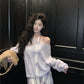 Gentle temperament purple plaid suspender dress beautiful waist A-line long skirt R0734
