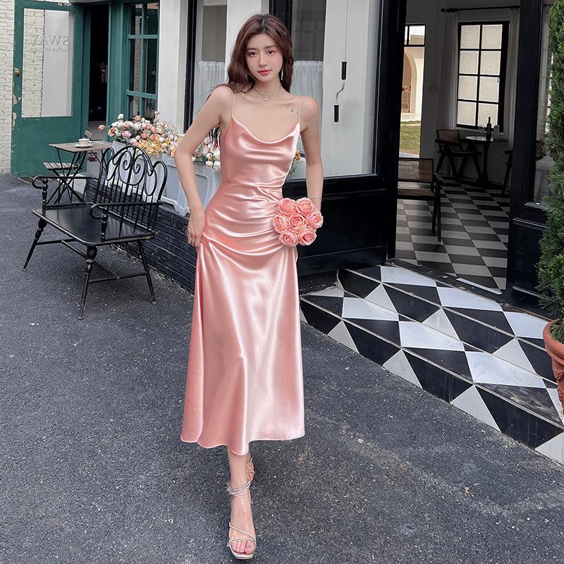 High-grade acetate satin silk dress slim sexy gentle girl pink inner suspender skirt R0990