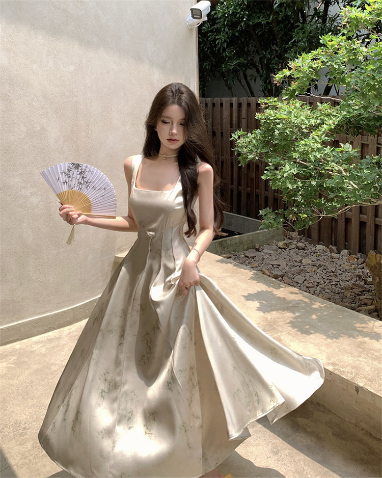 New Chinese style printed satin suspender dress niche waist slim temperament long skirt R1791