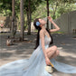 Blue V-neck suspender dress beautiful gentle temperament small skirt R0669