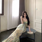 Green floral suspender dress, elegant waist slim beach dress R0670