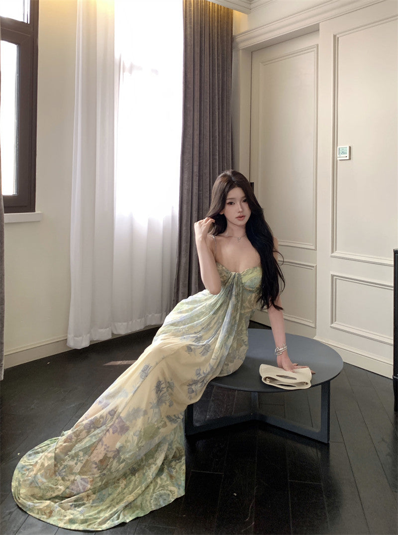 Green floral suspender dress, elegant waist slim beach dress R0670