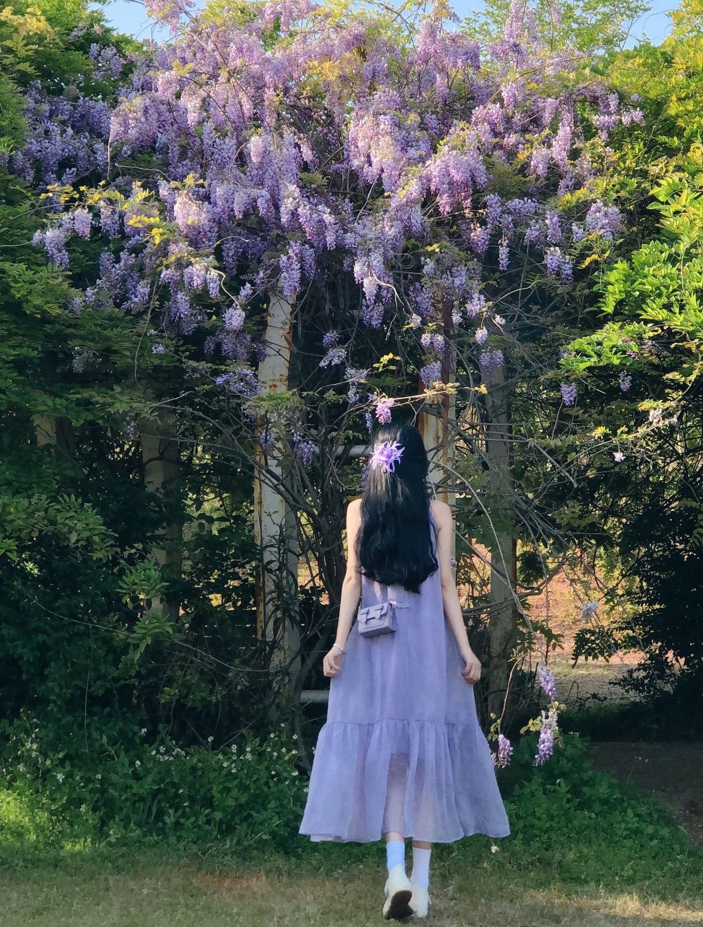 Atmosphere small skirt gentle temperament A-line long skirt purple halter neck dress R0671