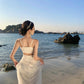 White hollow suspender dress gentle temperament waist backless A-line long skirt R0596