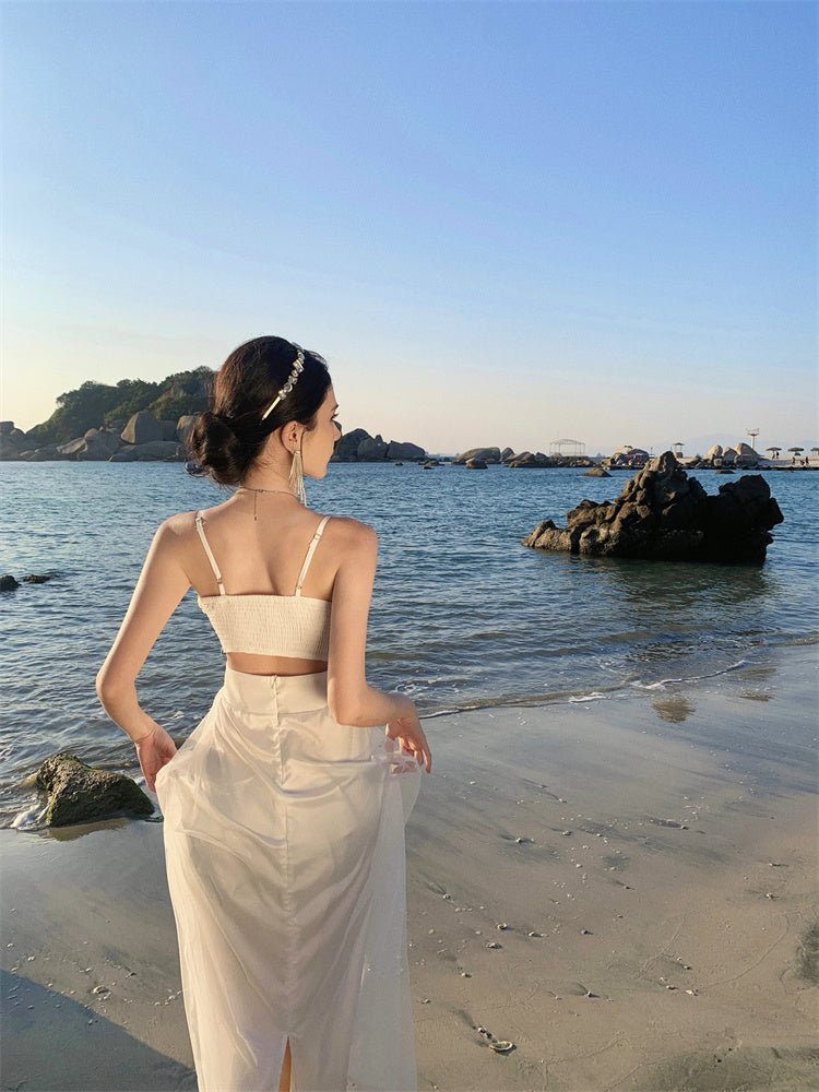 White hollow suspender dress gentle temperament waist backless A-line long skirt R0596