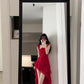 Retro red flower suspender dress irregular beautiful waist a-line beach dress R0697