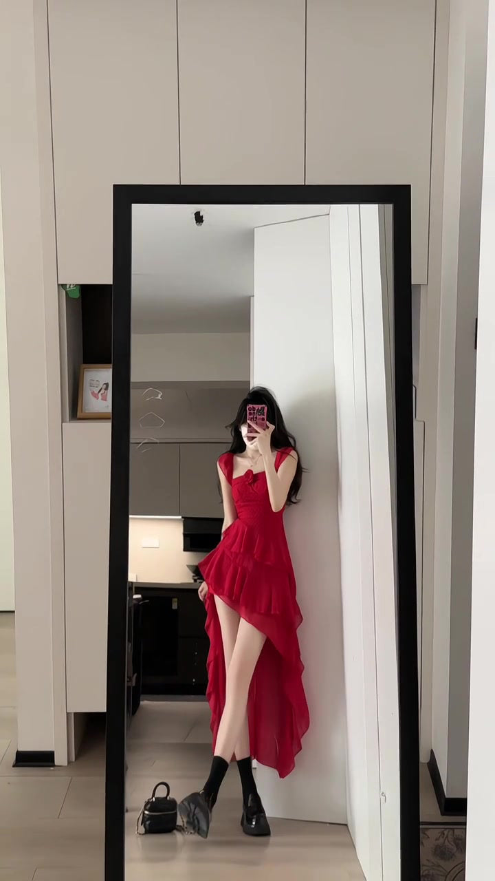 Retro red flower suspender dress irregular beautiful waist a-line beach dress R0697