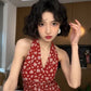 Retro red v-neck floral halter dress with waist and backless beautiful temperament long dress R0698