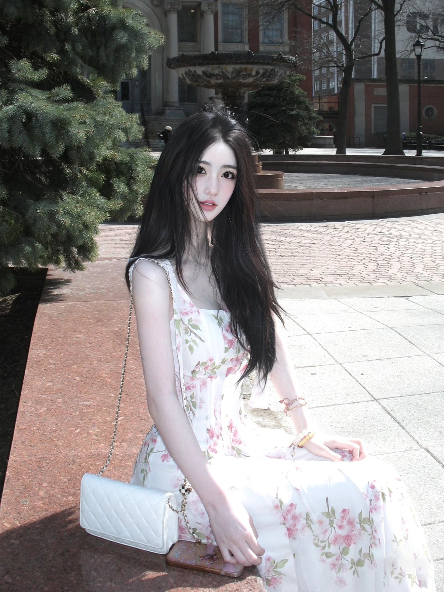 New gentle temperament suspender floral dress beautiful waist A-line long skirt R0696