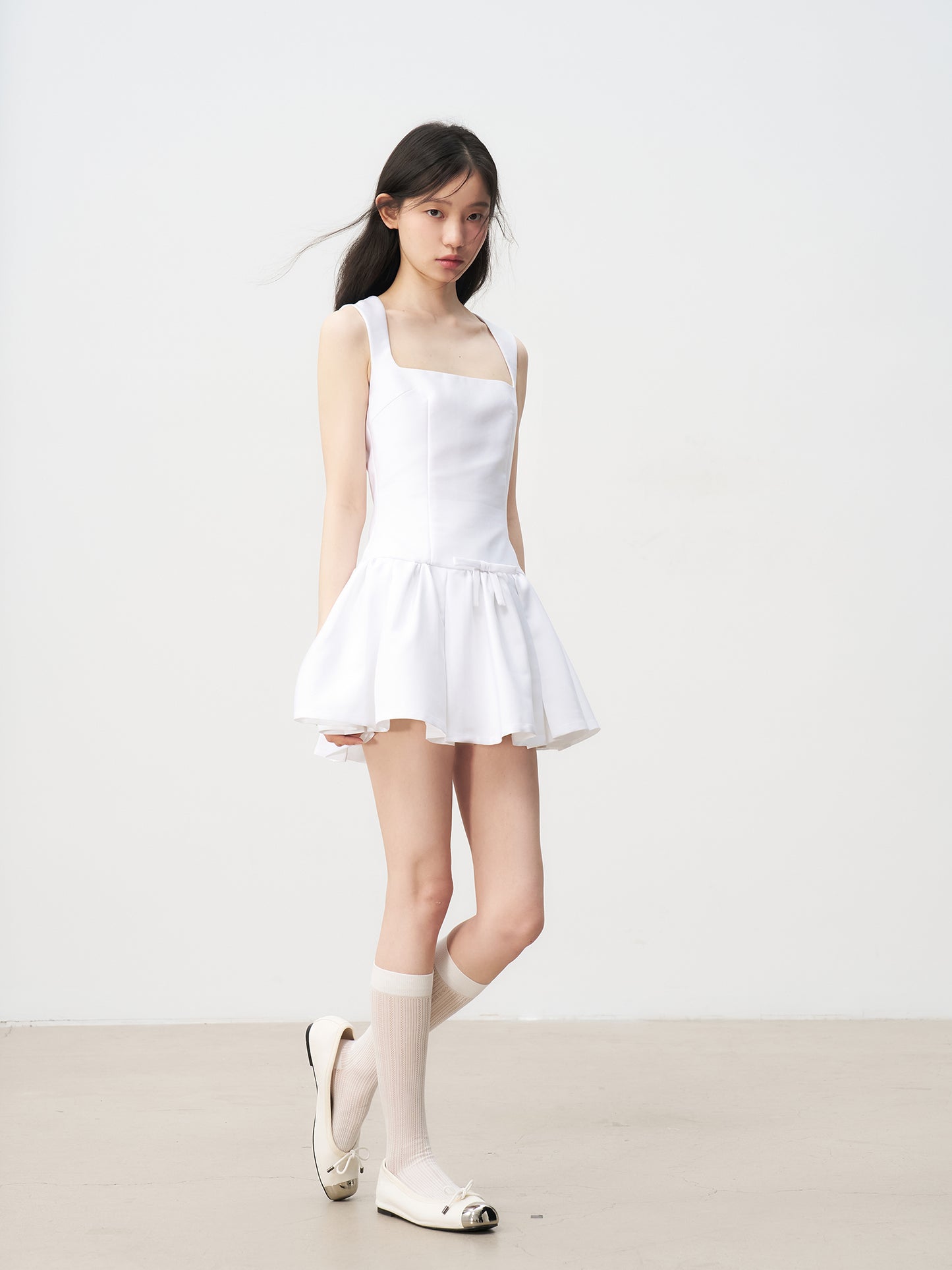 White satin retro princess dress bow waist A-line puffy skirt R5205