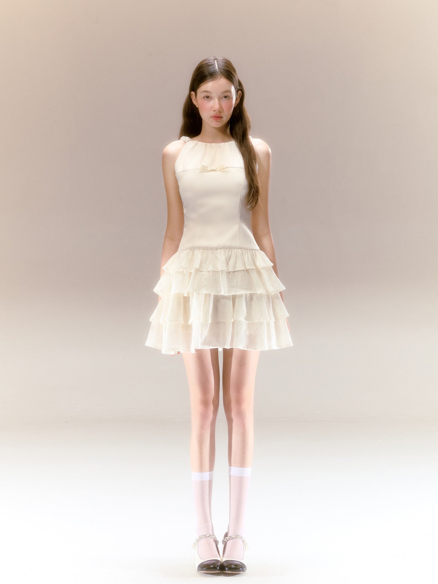 Satin Halter Neck Dress Three-Dimensional Pearl Three-Layer Cake Skirt R5207