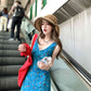 Retro blue v-neck floral vest dress with beautiful temperament and waist A-line short skirt R0642