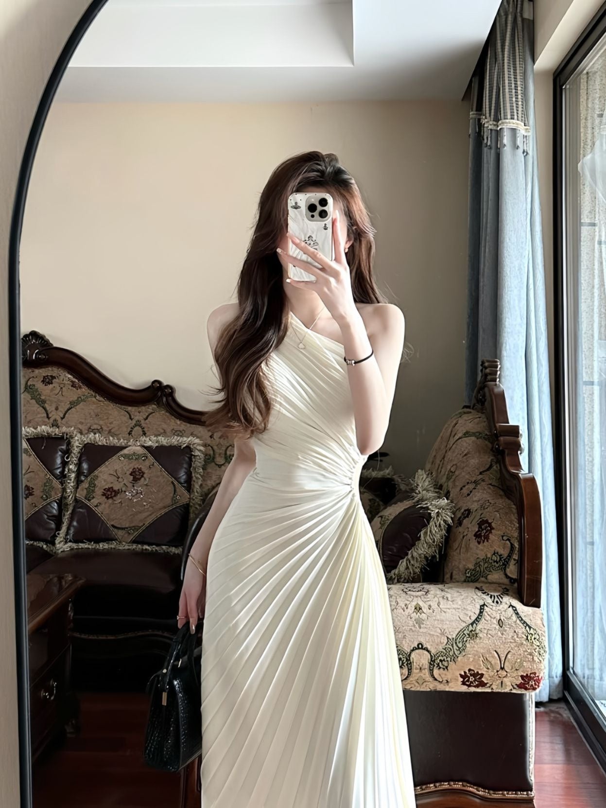 Temperament high-end hollow off-shoulder pleated long skirt design irregular dress R0639