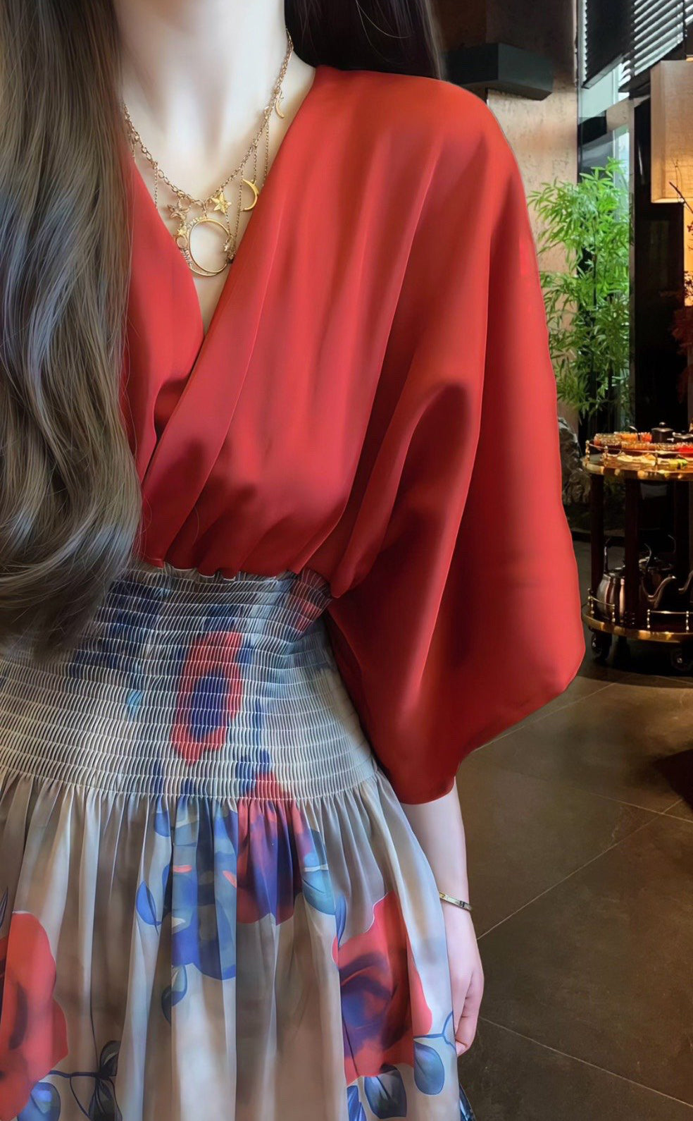 Retro red v-neck dress gentle temperament waist a-line long skirt R0744