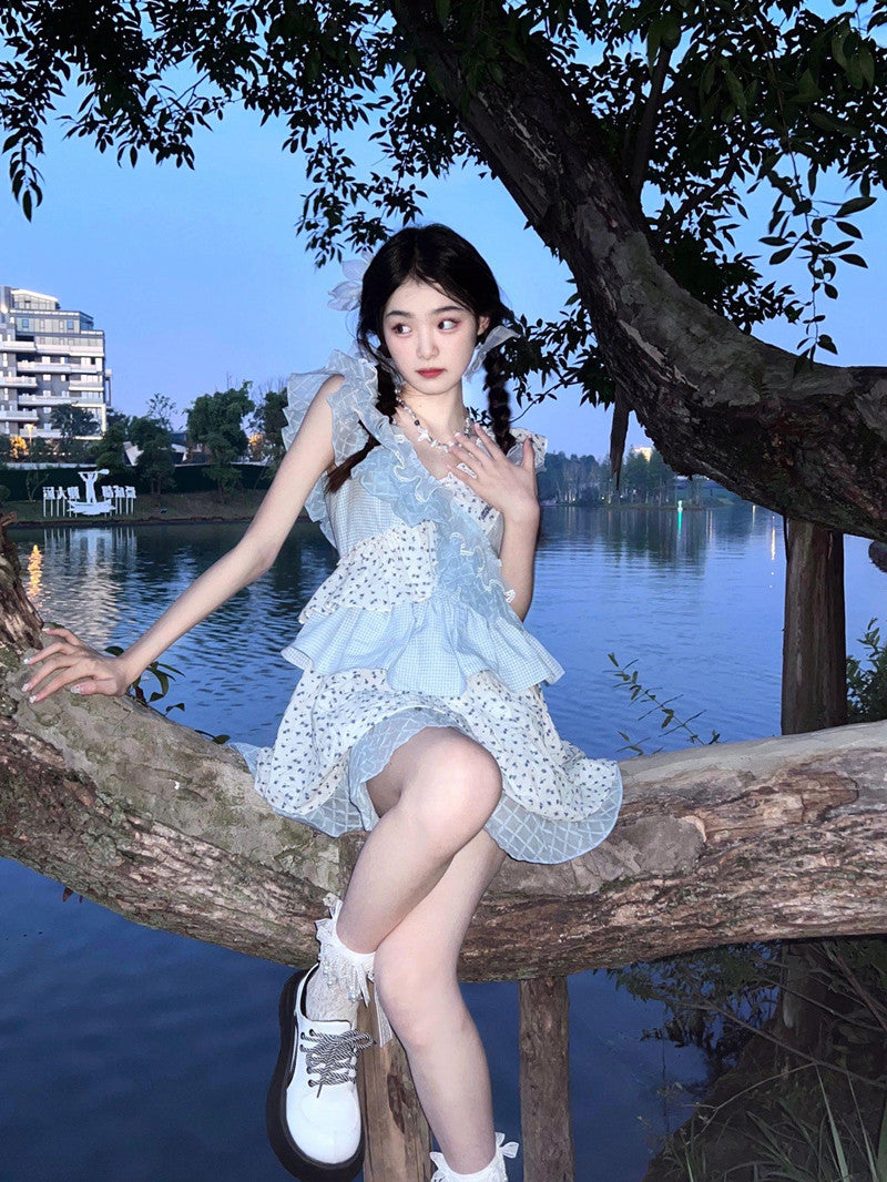 French sweet floral ruffle patchwork dress niche design princess fairy dress R1657