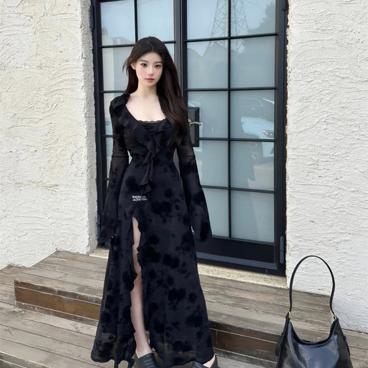 French Hepburn royal sister style dark rose sling slit dress waistcoat top long skirt two-piece suit R1659