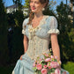 French pastoral fresh baby blue long short-sleeved lace dress R5113