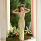 French heavy design flower wool knitted suspenders green slit dress R5112