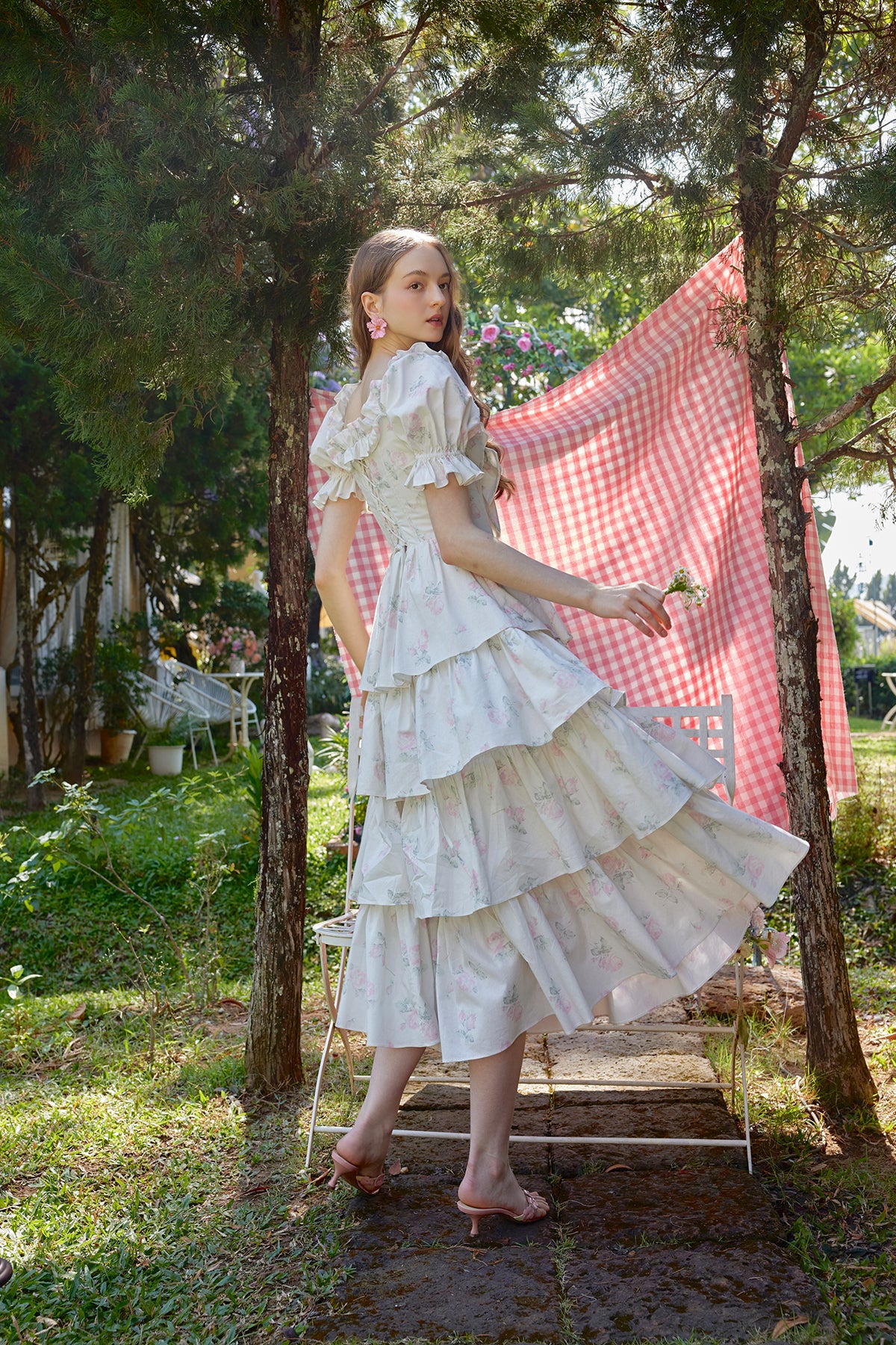 Retro Pastoral Print Bowknot Herringbone Dress R5114