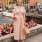 Pink Champagne French Embroidered Fishbone Dress Pink Hollow One Shoulder Maxi Dress R5111