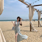 Blue v-neck hollow sleeveless halter dress temperament waist banquet dress R0547