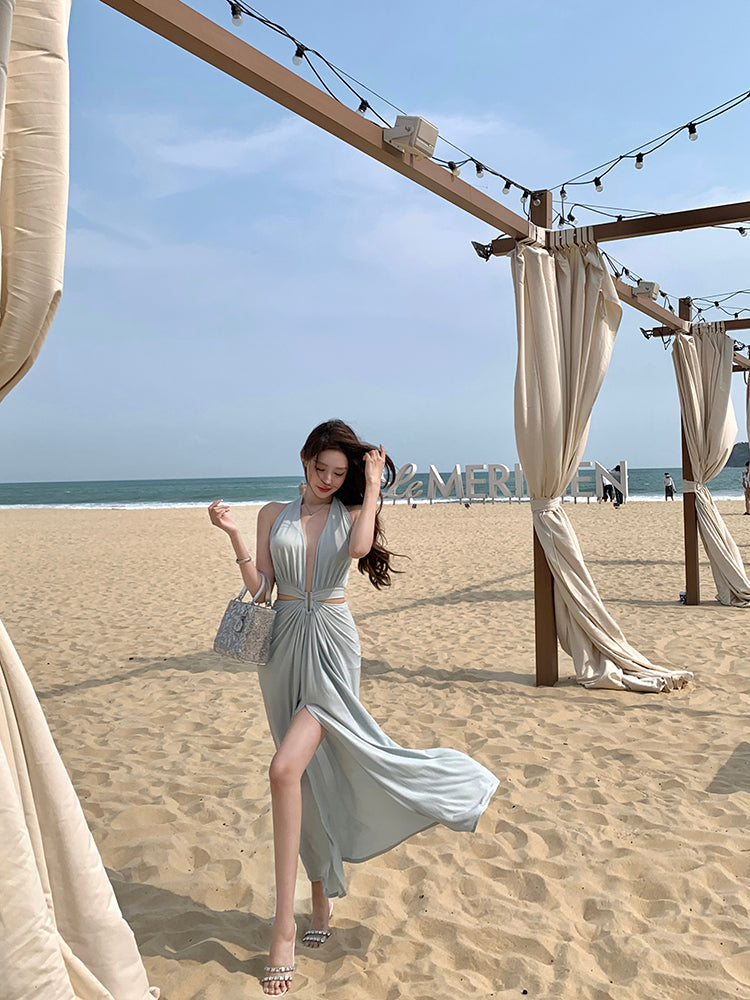 Blue v-neck hollow sleeveless halter dress temperament waist banquet dress R0547