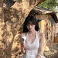Holiday style outfit gentle temperament white halter neck top a-line skirt two-piece suit R0866