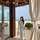 Blue v-neck hollow sleeveless halter dress temperament waist banquet dress R0547