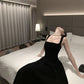 French square neck velvet suspender dress waist temperament dress black long skirt R1423