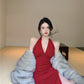 Hong Kong style retro wine red sleeveless backless slit halter neck dress beach dress R1426