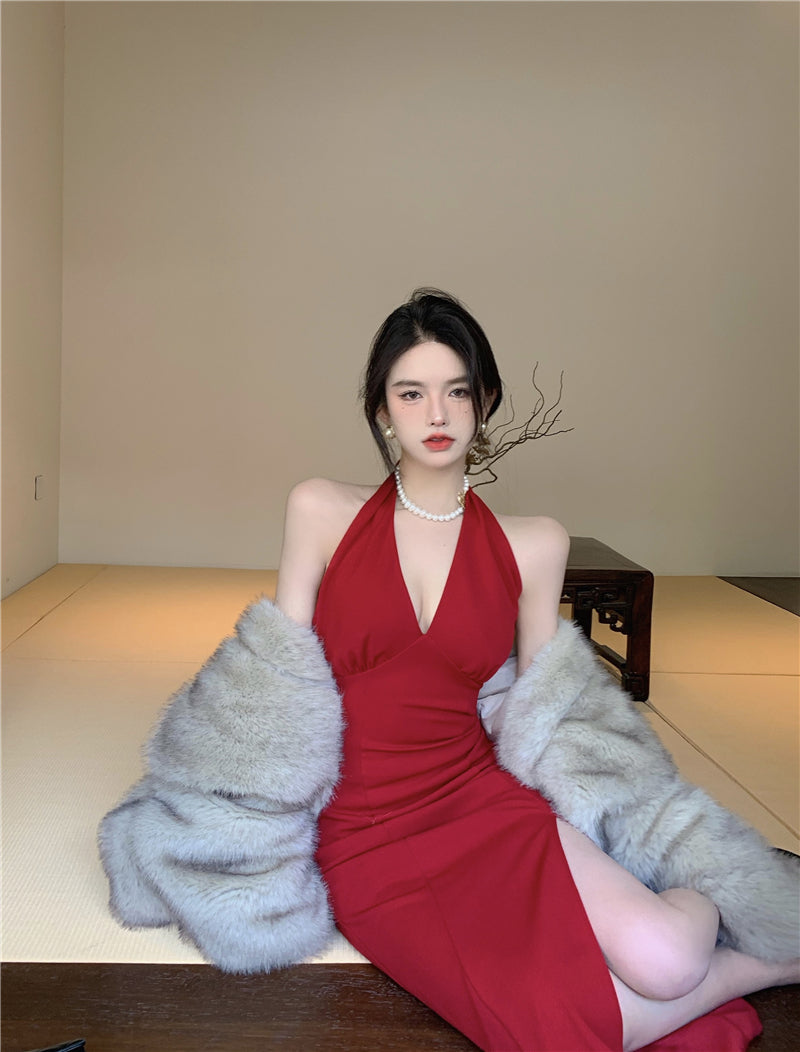 Hong Kong style retro wine red sleeveless backless slit halter neck dress beach dress R1426