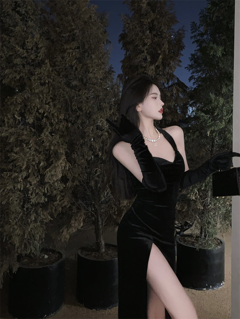 Sexy black halter neck velvet dress high-end slit backless evening party dress R1425