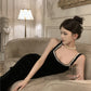 Black square neck suspender dress slim fit slit Hepburn style velvet hip dress R1424