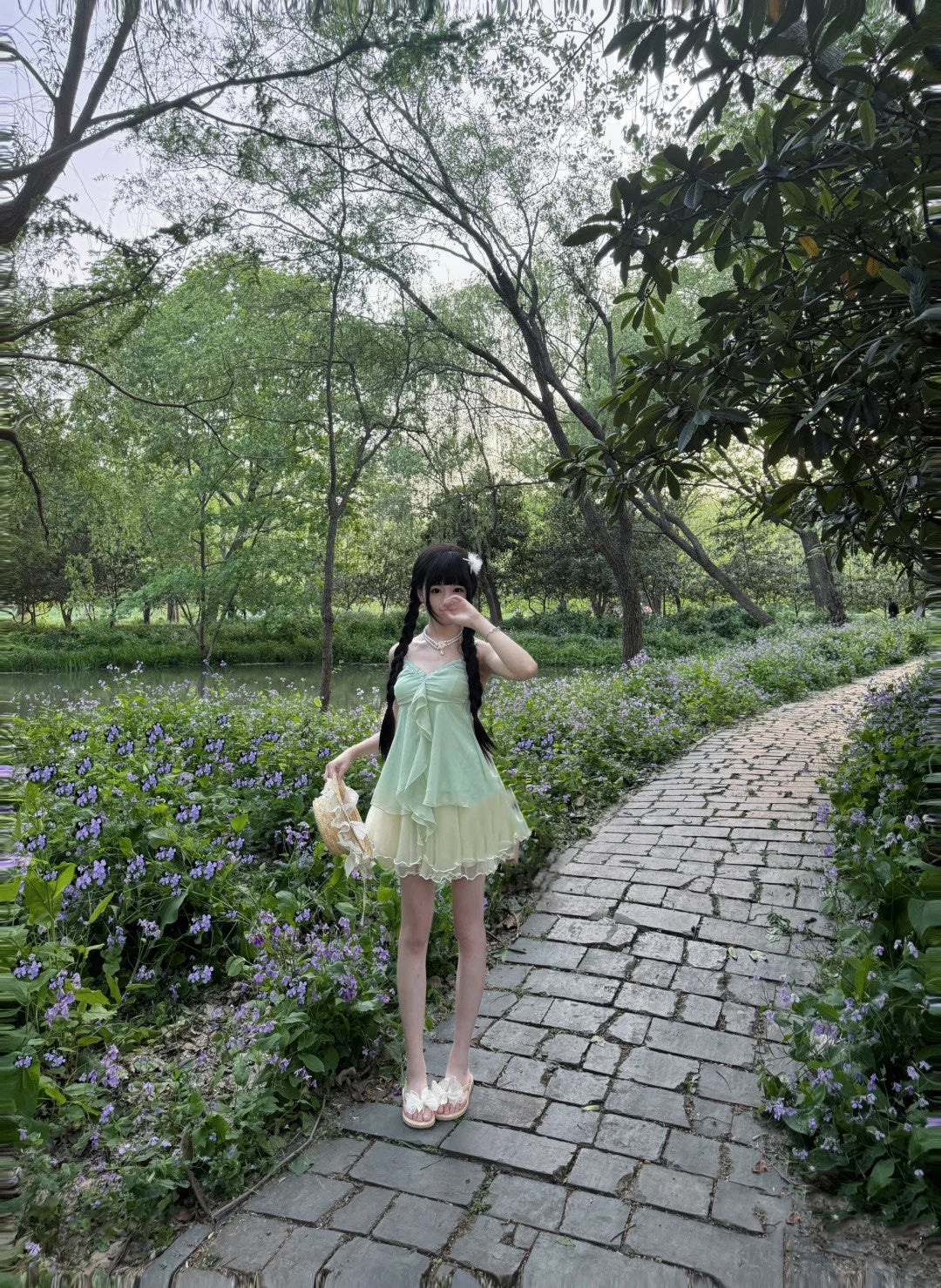 Summer beautiful suit green suspender top a-line skirt two-piece suit 2025 R0851