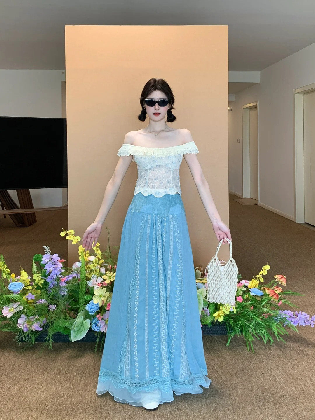 Summer gentle temperament vacation one shoulder top a line skirt two piece set R0852